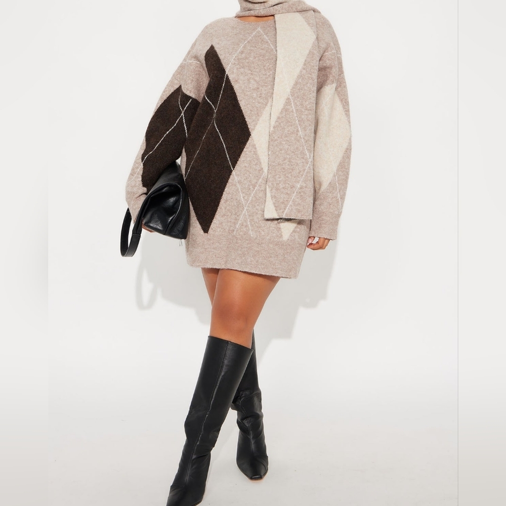 Fashion Nova Geometric Knit Sweater Dress - Brown and Cream